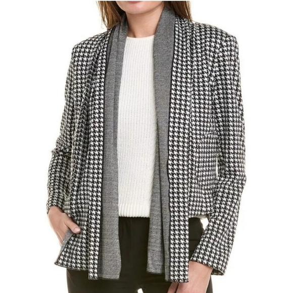 CAbi #3904 Black & White Houndstooth Knit Jacket Blazer Waterfall Open Shawl - Picture 2 of 9